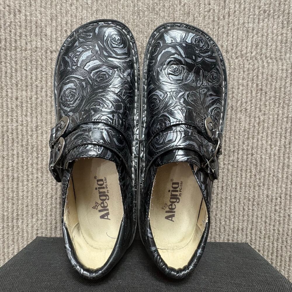 Alegria Alli Clogs Size 39 8.5 Leather Tooled Roses Black Silver Double Strap